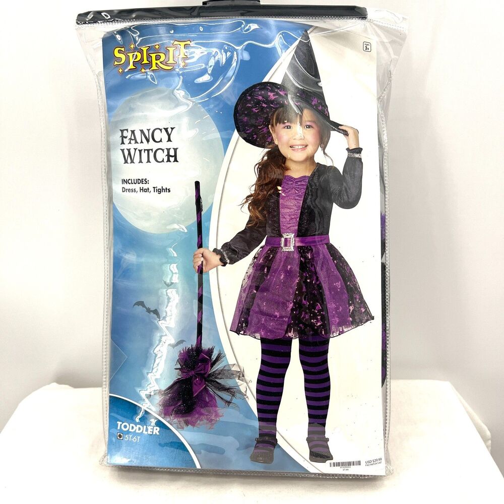 Spirit Fancy Witch Toddler Costume 5T-6T Dress Hat Tights Purple Black Halloween